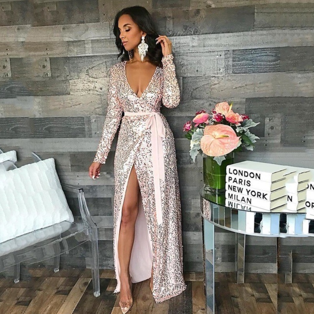 Pink Plunging V-Neck Sequin Wrap Belted Maxi Dress - Picture 5 of 13